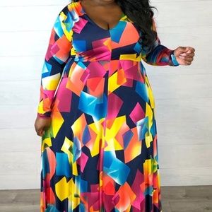 Geo Print Flounce Design Multicolor Maxi Dress 2X